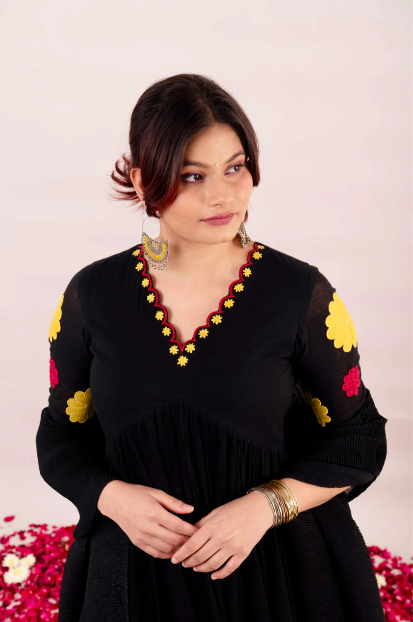 Midnight Black Embroidered Floral Patchwork Kurta Set